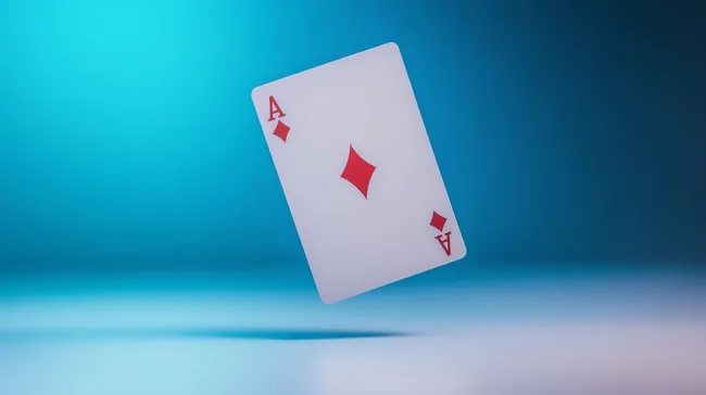 Schwebende Spielkarte Ass in Karo auf blauem Hintergrund