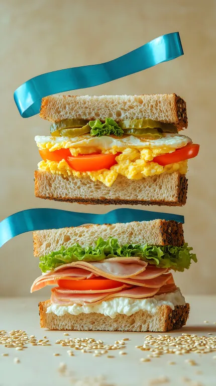 Schwebendes Sandwich mit Ei, Schinken und Gemüse