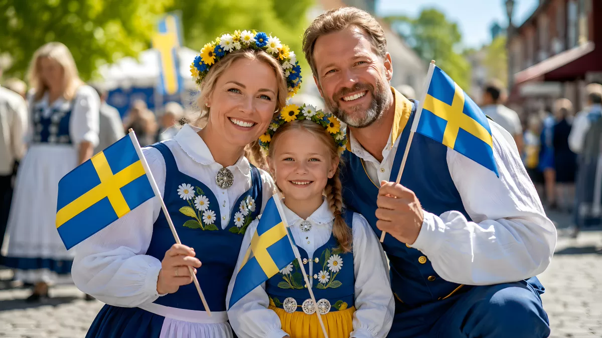 Schwedische Familie in Tracht feiert Midsommar und Nationalfeiertag