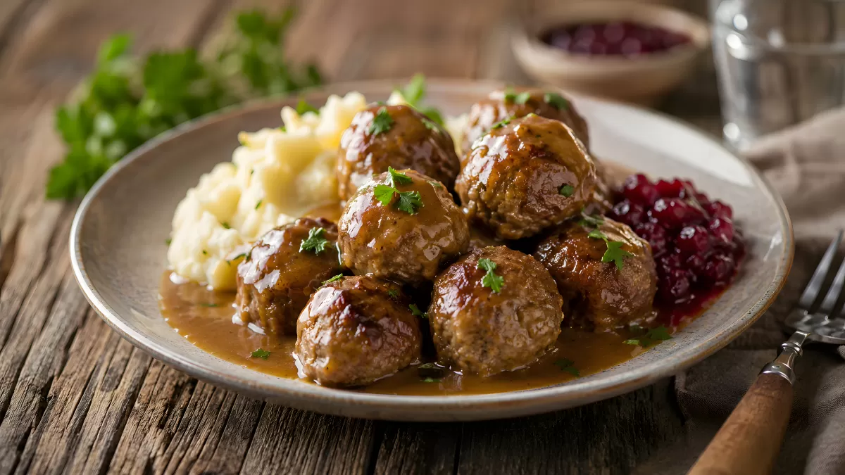 Schwedische Köttbullar mit Kartoffelpüree und Preiselbeeren