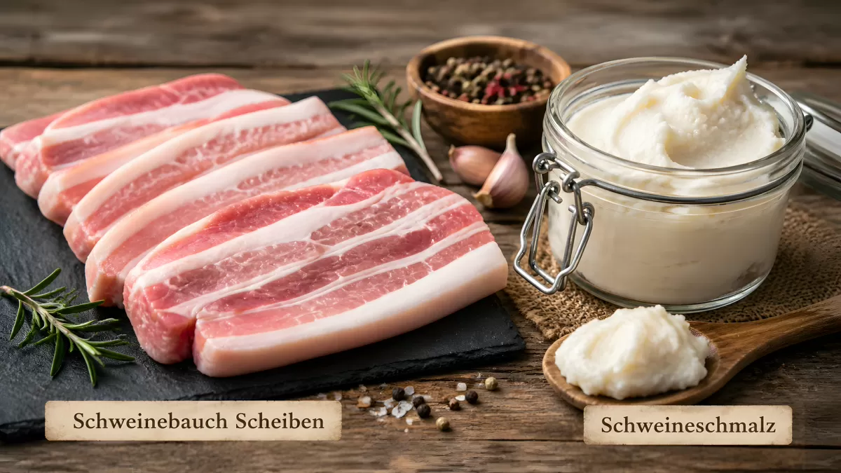 Schweinebauch Scheiben und Schmalz auf Holztisch