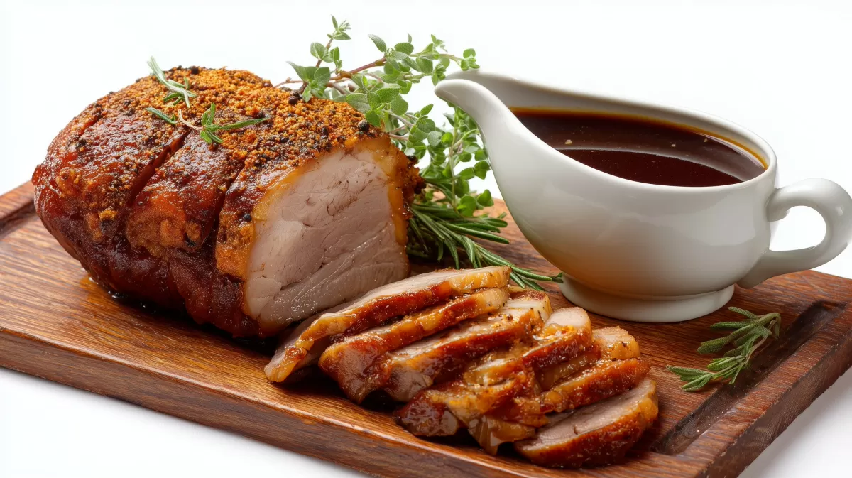 Schweinebraten Aufschnitt mit Jus auf Holzbrett