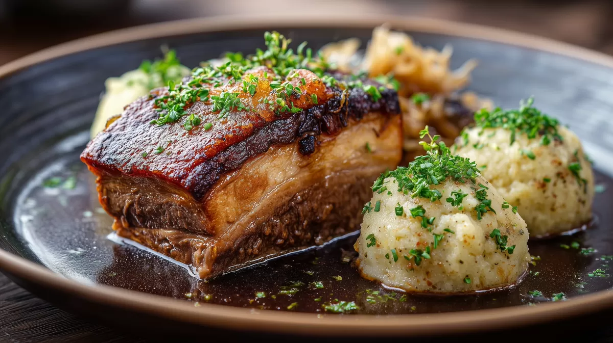 Schweinebraten mit Knödeln food auf dunklem Teller