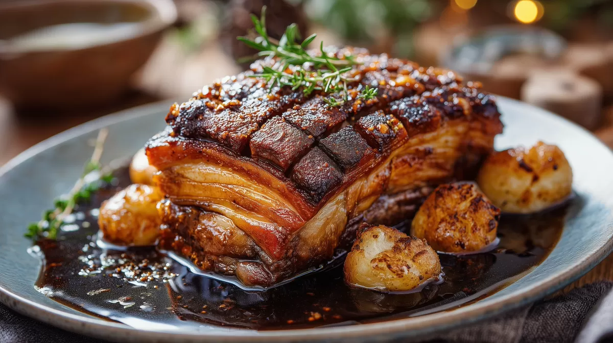 Schweinebraten resche Kruste leckere Soße mit Kartoffeln