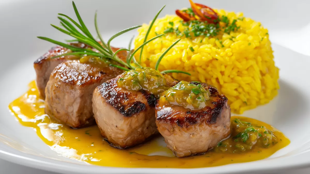 Schweinefilet auf Bananen Curry Reis mit goldener Sauce