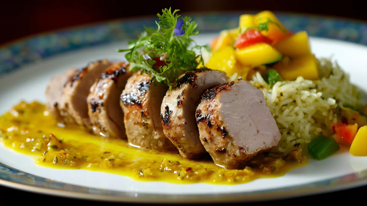 Schweinefilet auf Bananen Curry Reis mit Mangosalsa