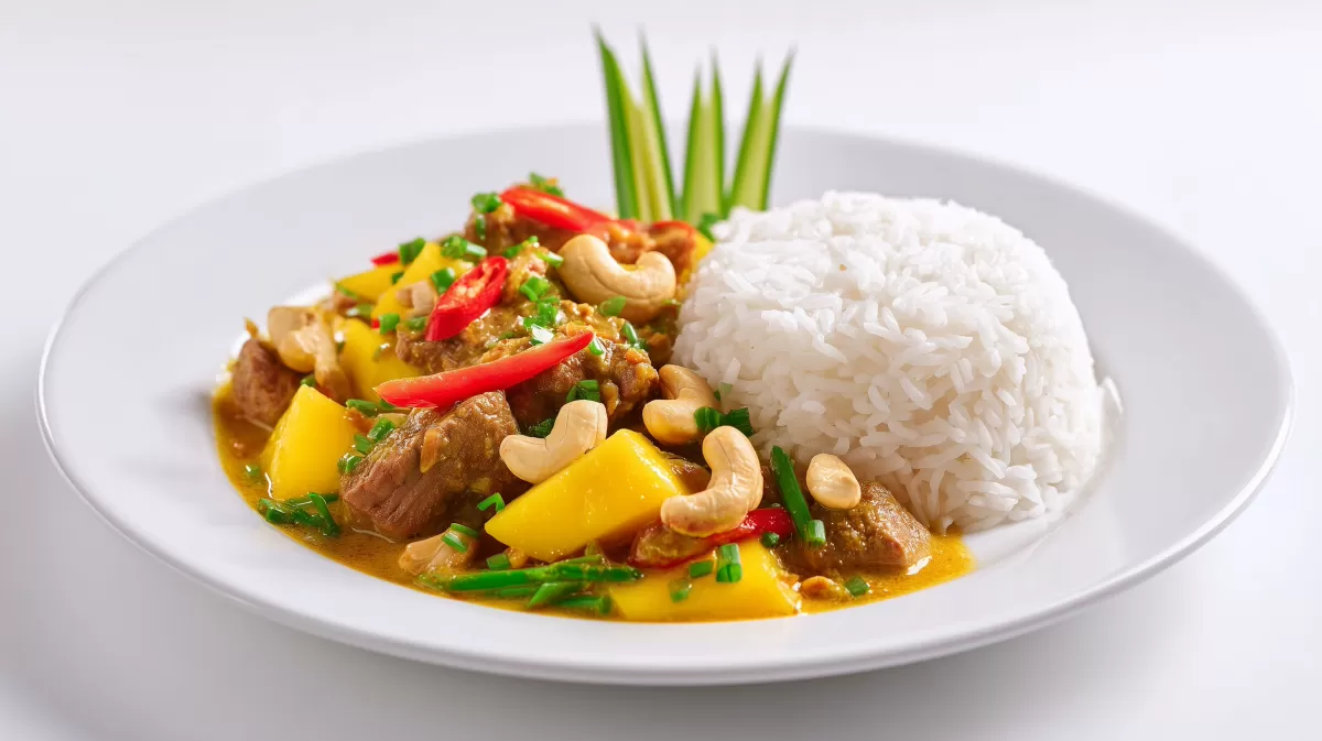 Schweinefilet Curry mit Reis und Mango auf Teller