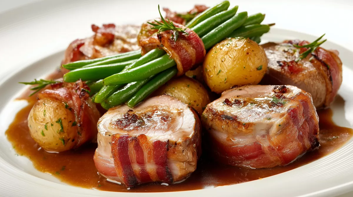 Schweinefilet im Speckmantel mit Bohnen und Kartoffeln