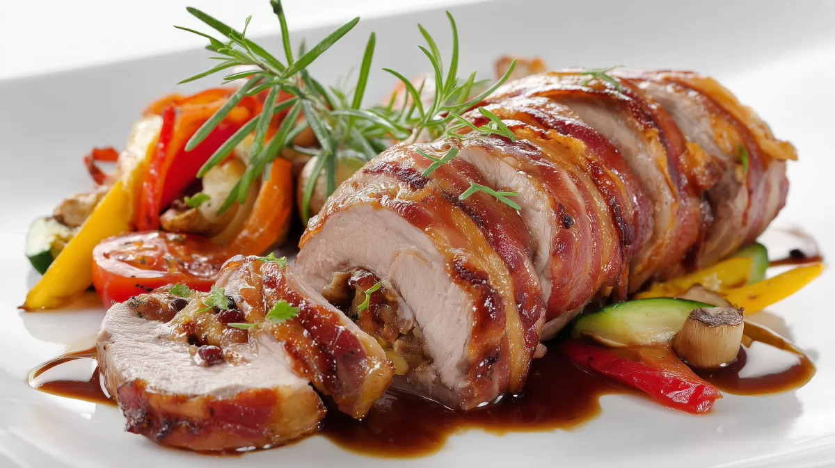 Schweinefilet im Speckmantel mit Gemüse und Soße