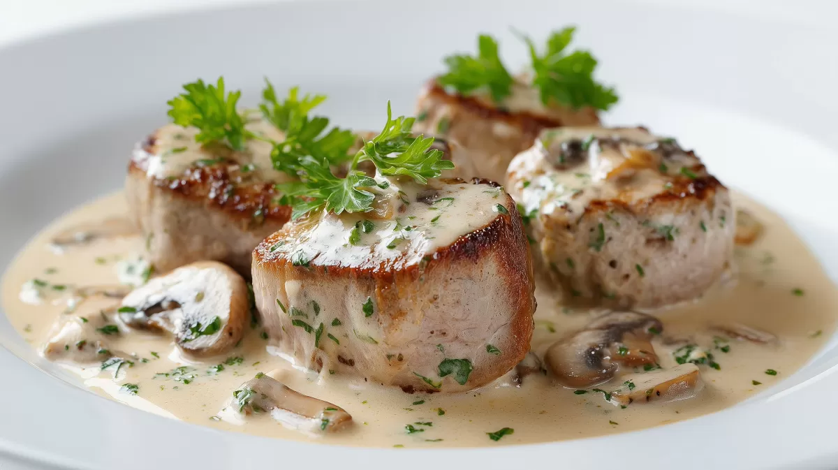 Schweinefilet in Sahnesauce mit Pilzen und Petersilie