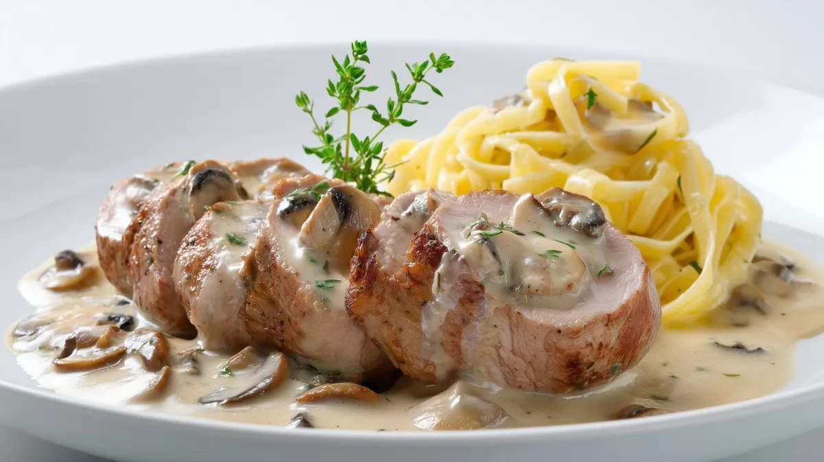Schweinefilet in Sahnesauce mit Pilzen und Tagliatelle