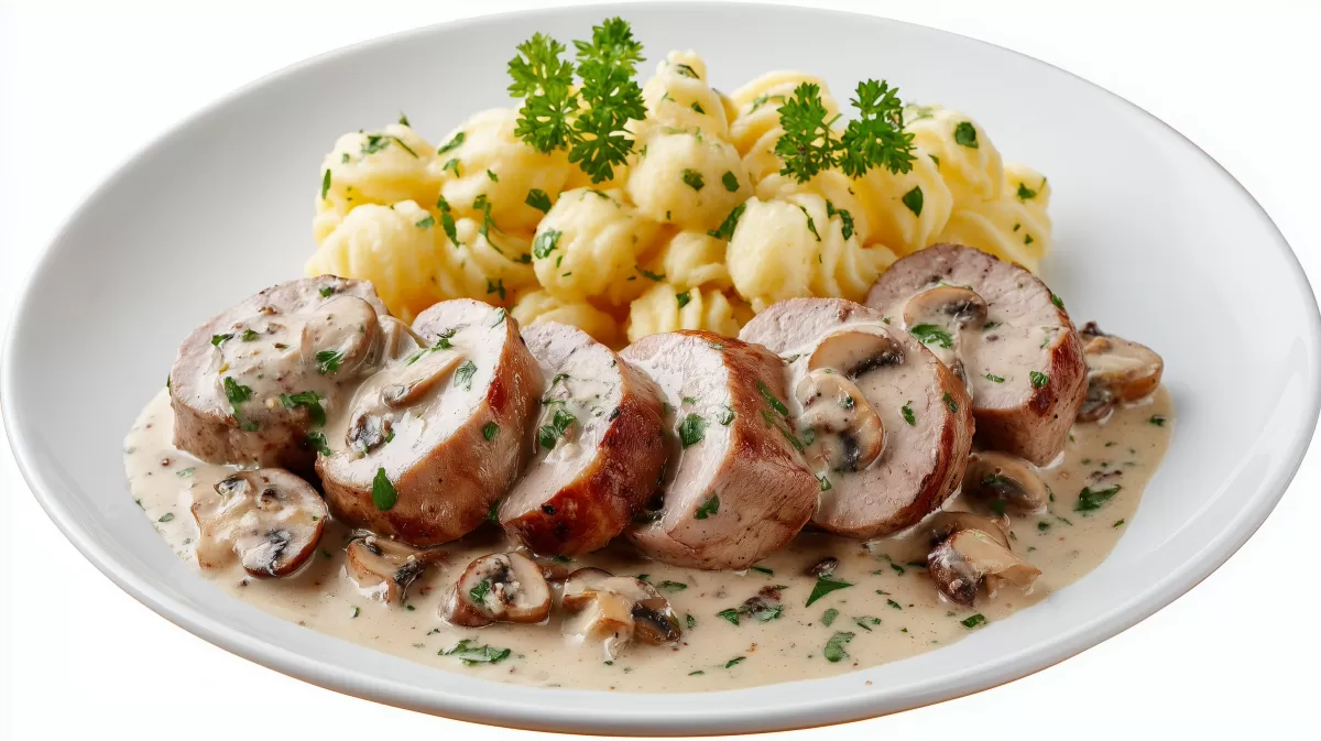 Schweinefilet mit Champignonrahm photorealist auf Spätzle