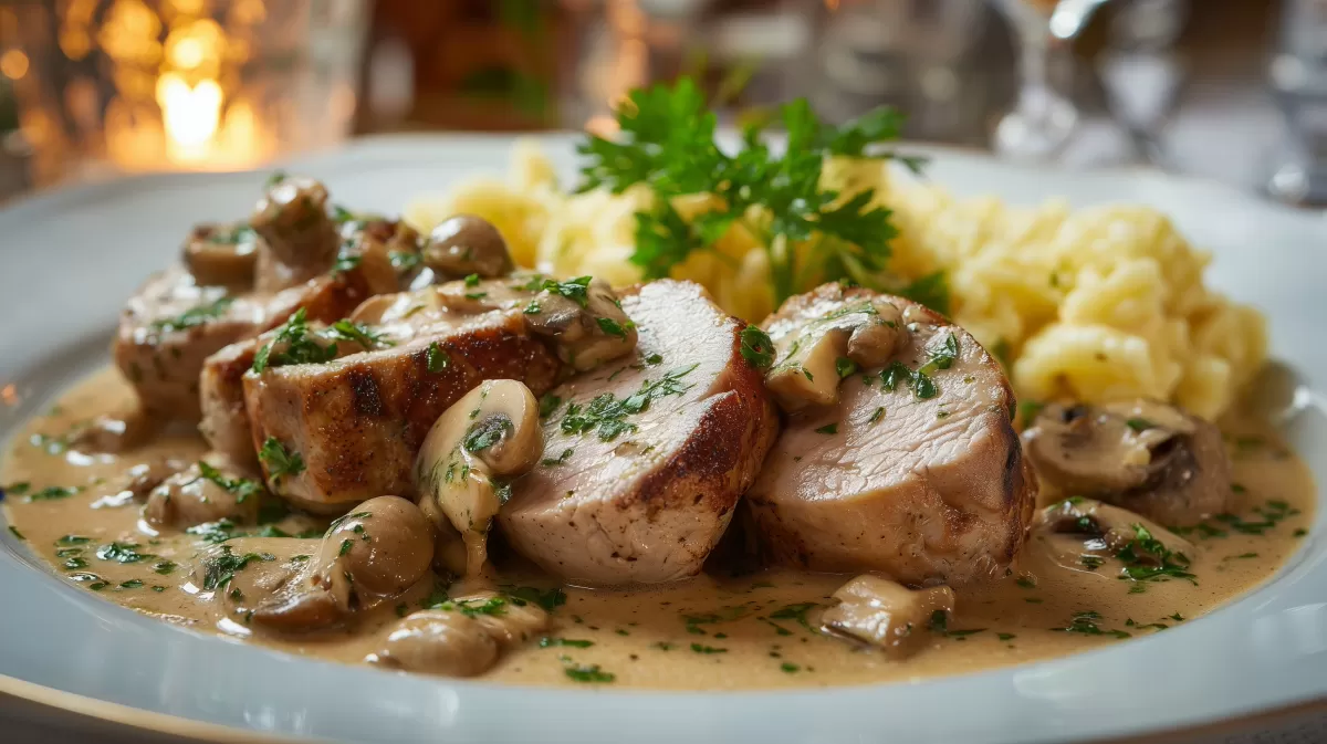 Schweinefilet mit Champignonrahm photorealist serviert