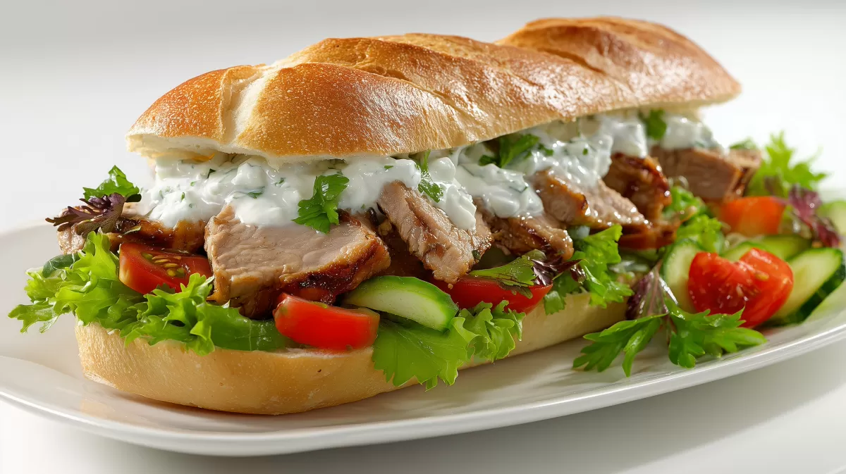 Schweinefilet Sandwich mit Tzatziki und frischem Gemüse