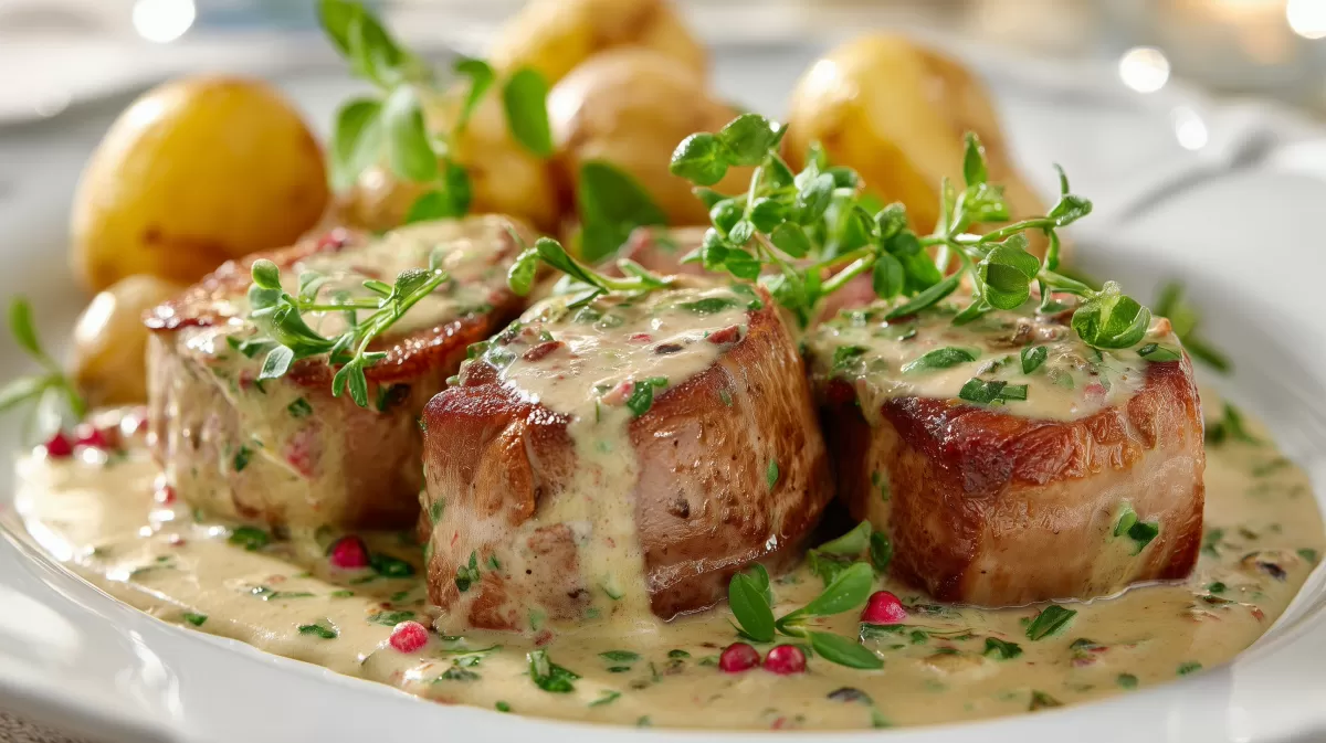 Schweinefiletmedaillons mit Pfefferrahmsauce und Kartoffeln