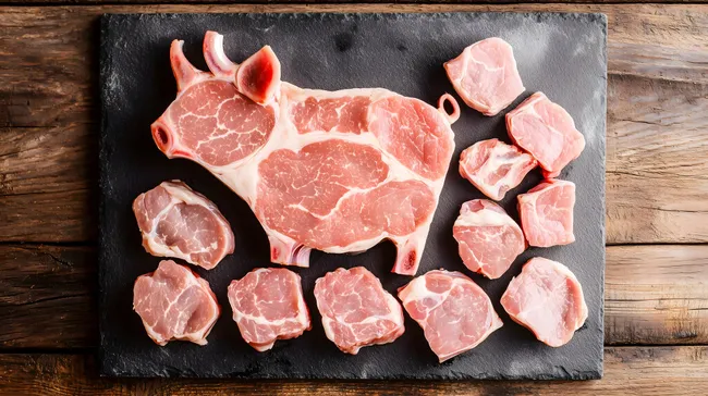 Schweinefleischstücke in Tierform auf Schieferplatte