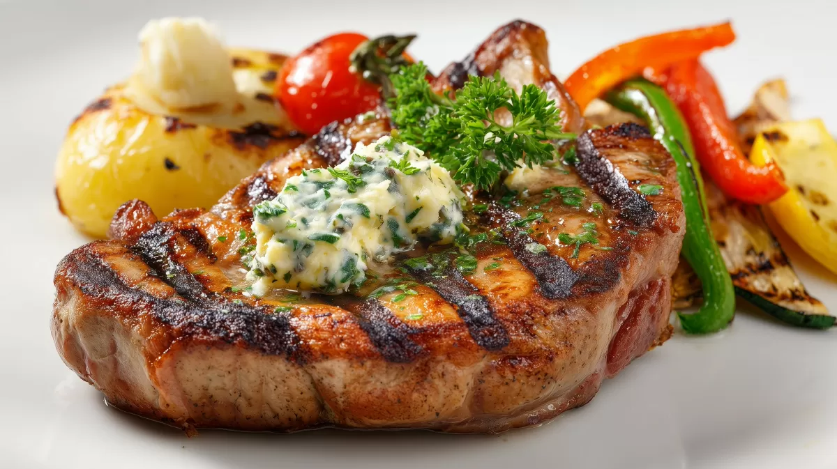 Schweinekamm vom Grill mit Kräuterbutter und Gemüse