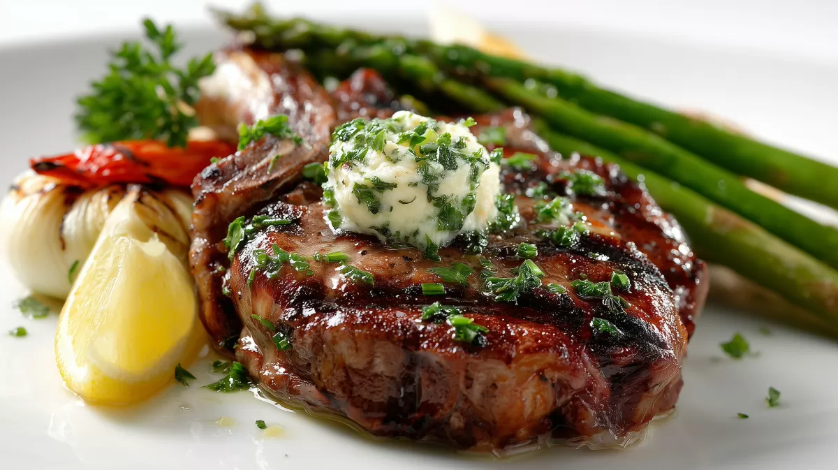 Schweinekamm vom Grill mit Kräuterbutter und Spargel
