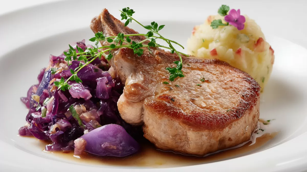 Schweinekotelett mit Apfelrotkohl und Kartoffelpüree