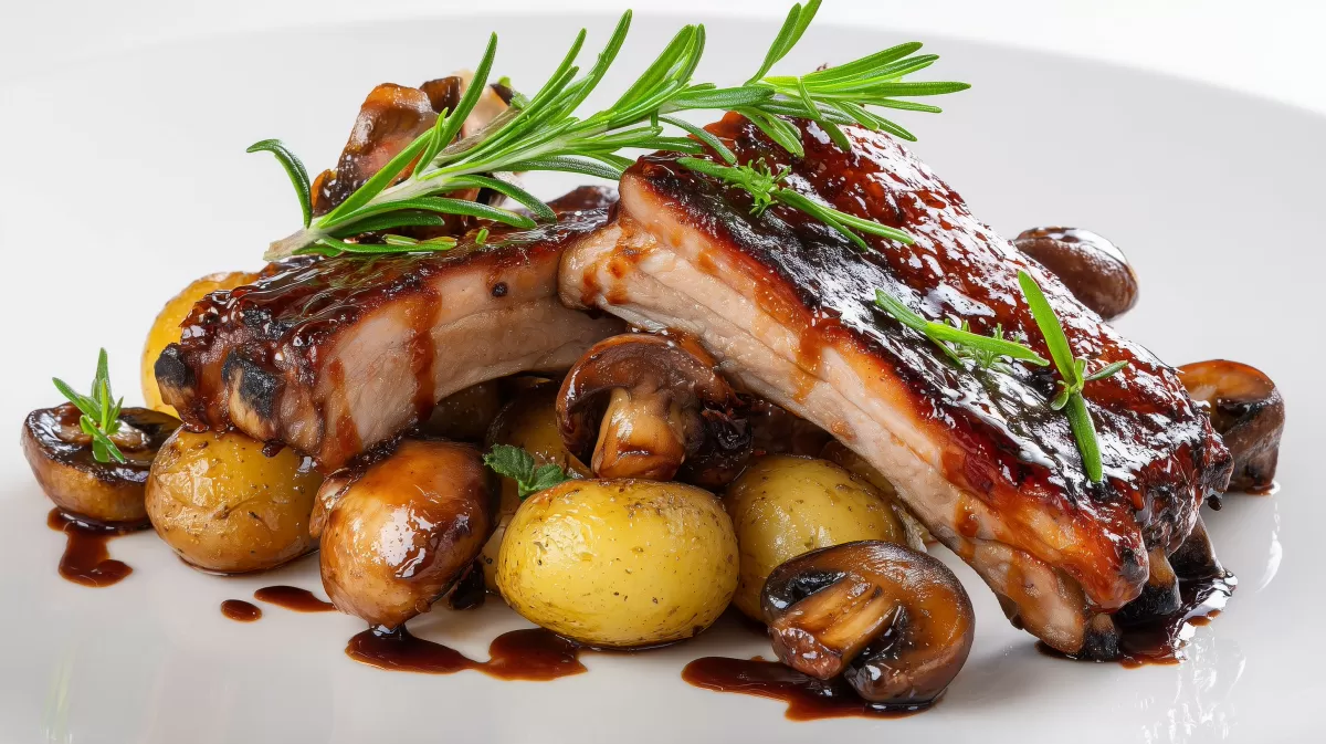 Schweinerippe mit Pilz Kartoffelgemüse auf Teller