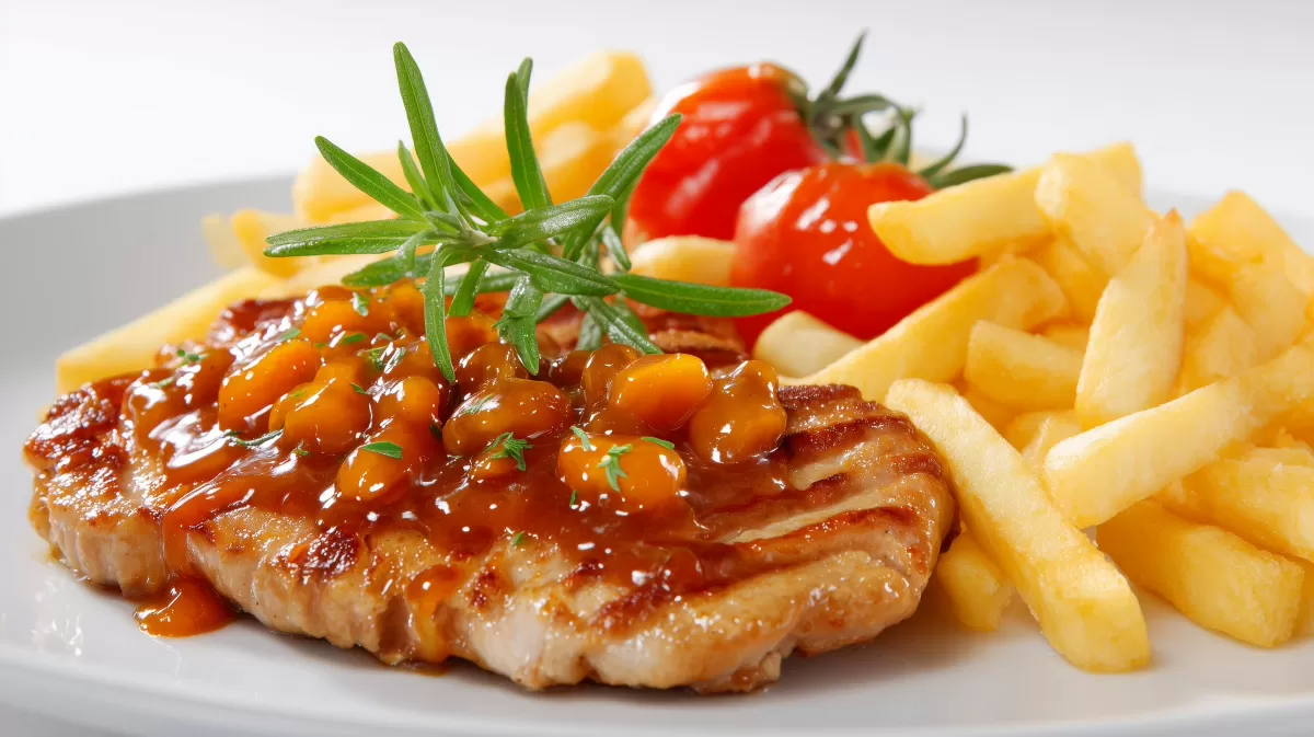 Schweineschnitzel mit Curry Tomatensauce und Pommes