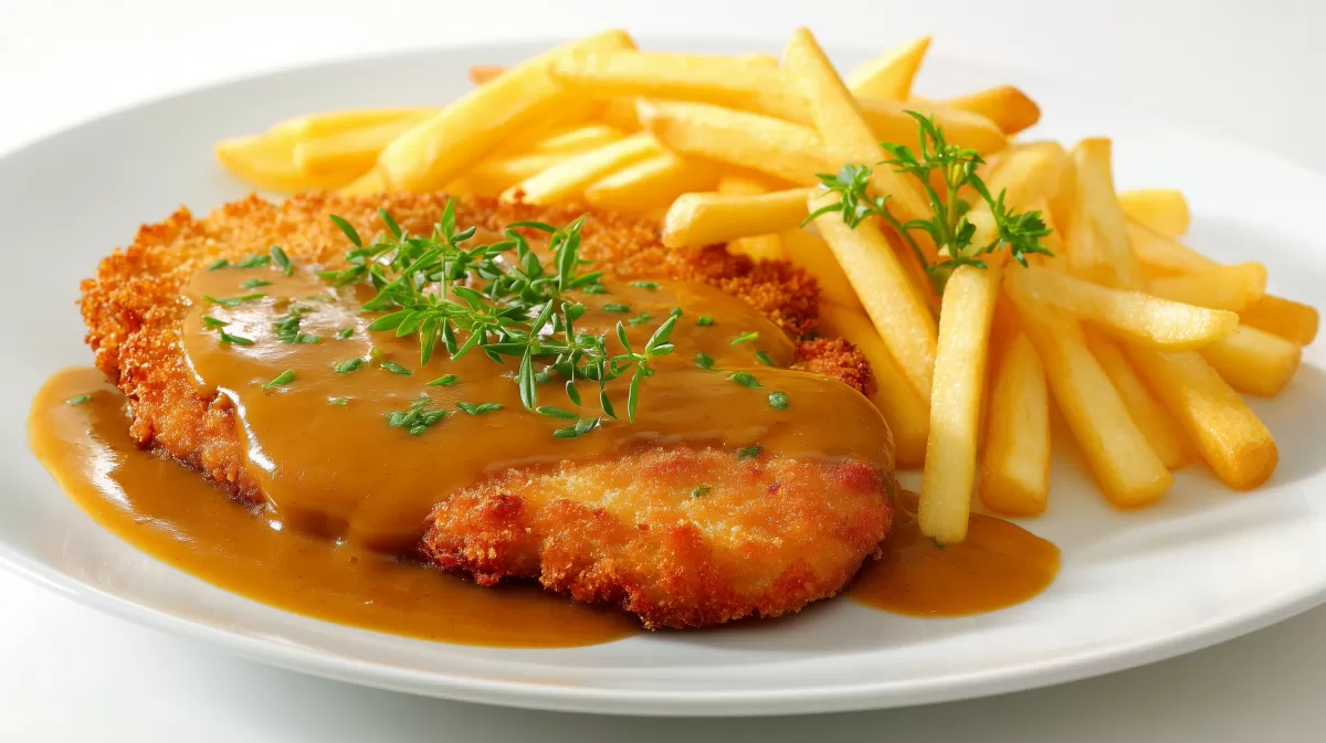 Schweineschnitzel mit Currysauce und Pommes frites