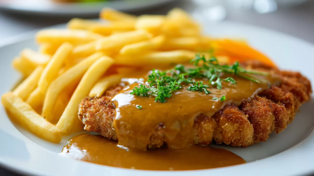 Schweineschnitzel mit Jägersauce und Pommes frites