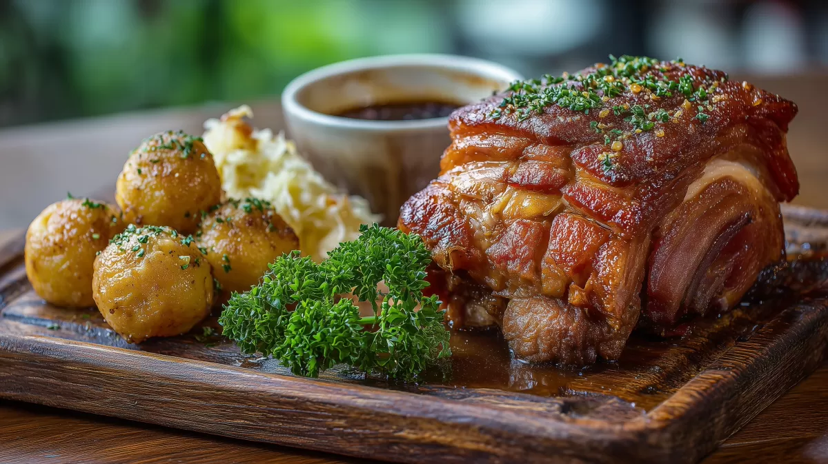 Schweinshaxe mit Knödel auf rustikalem Holzbrett