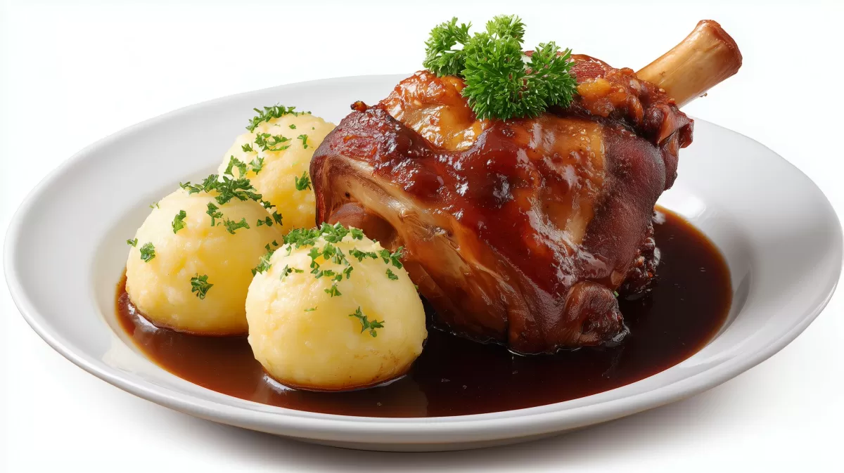 Schweinshaxe mit Knödel in dunkler Soße