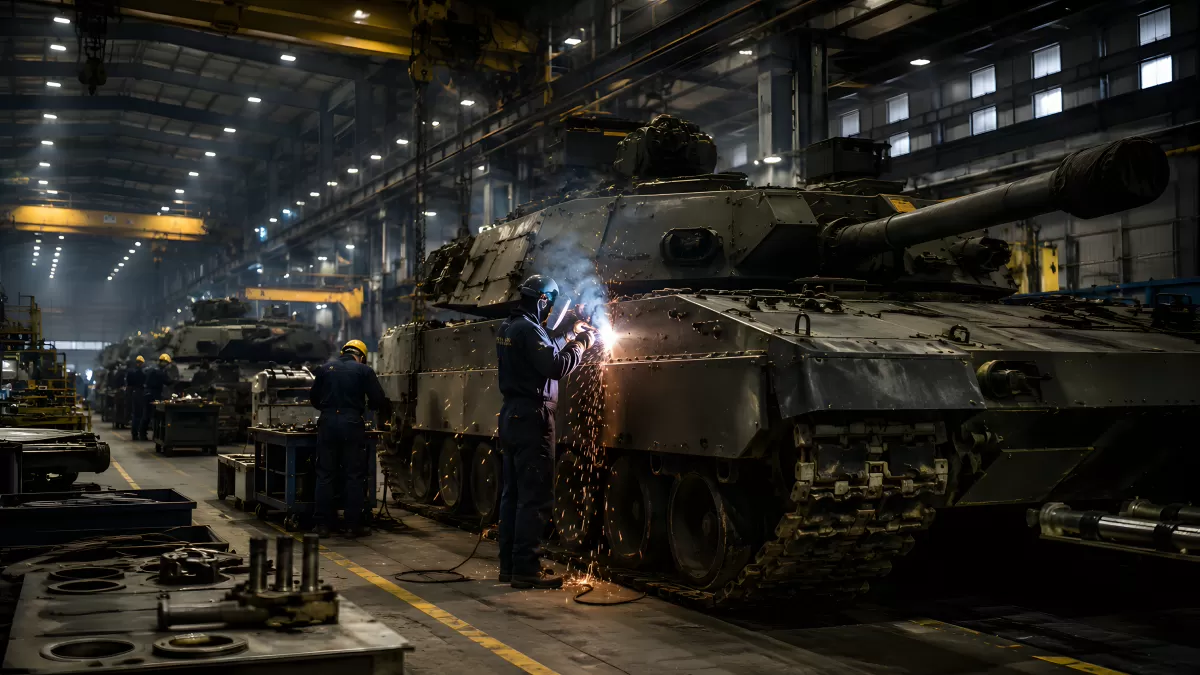 Schweißarbeiten an Kampfpanzern in einer Rüstungsfabrik