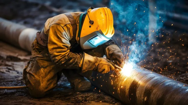 Schweißarbeiter mit Schutzausrüstung bei Funkenflug