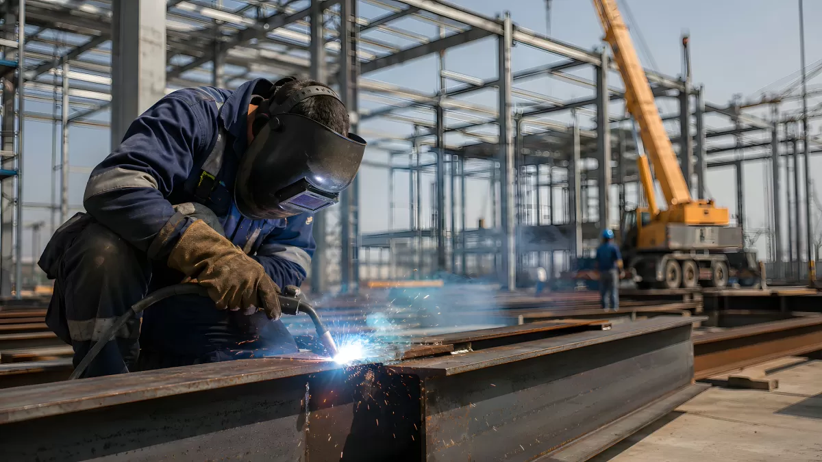 Schweißer bei der Arbeit auf einer Stahlbaustelle