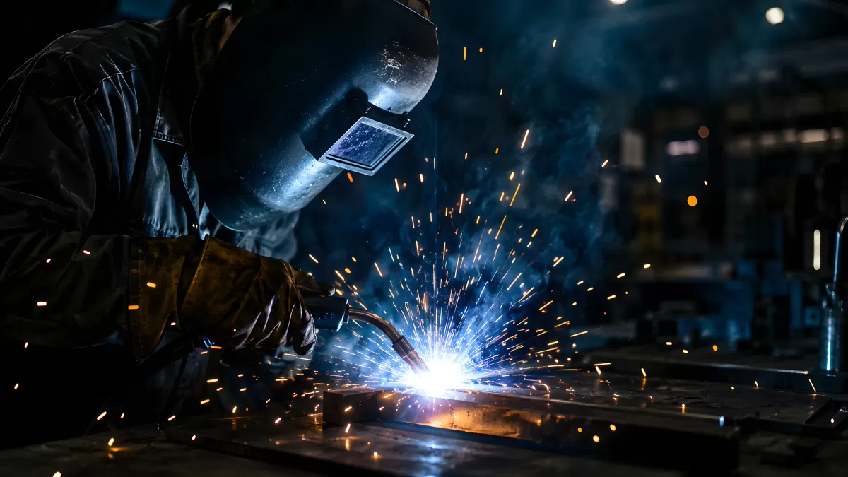 Schweißer bei der Arbeit mit Funkenflug in Werkstatt