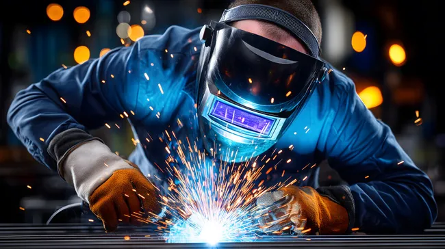 Schweißer bei der präzisen Metallverarbeitung mit blauem Lichtbogen