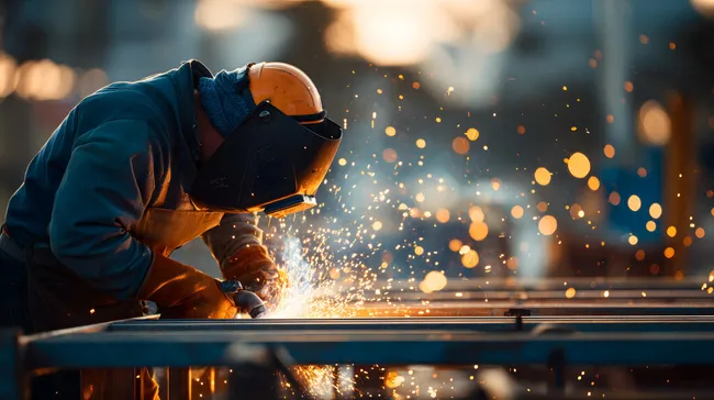 Schweißer bei Funkenflug an Metallkonstruktion im Abendlicht