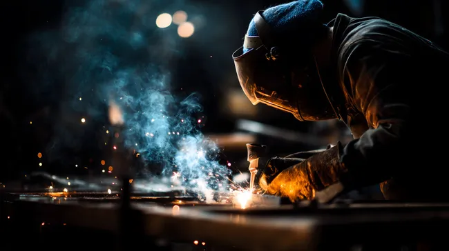 Schweißer bei Metallbearbeitung mit Funkenflug in dunkler Werkstatt