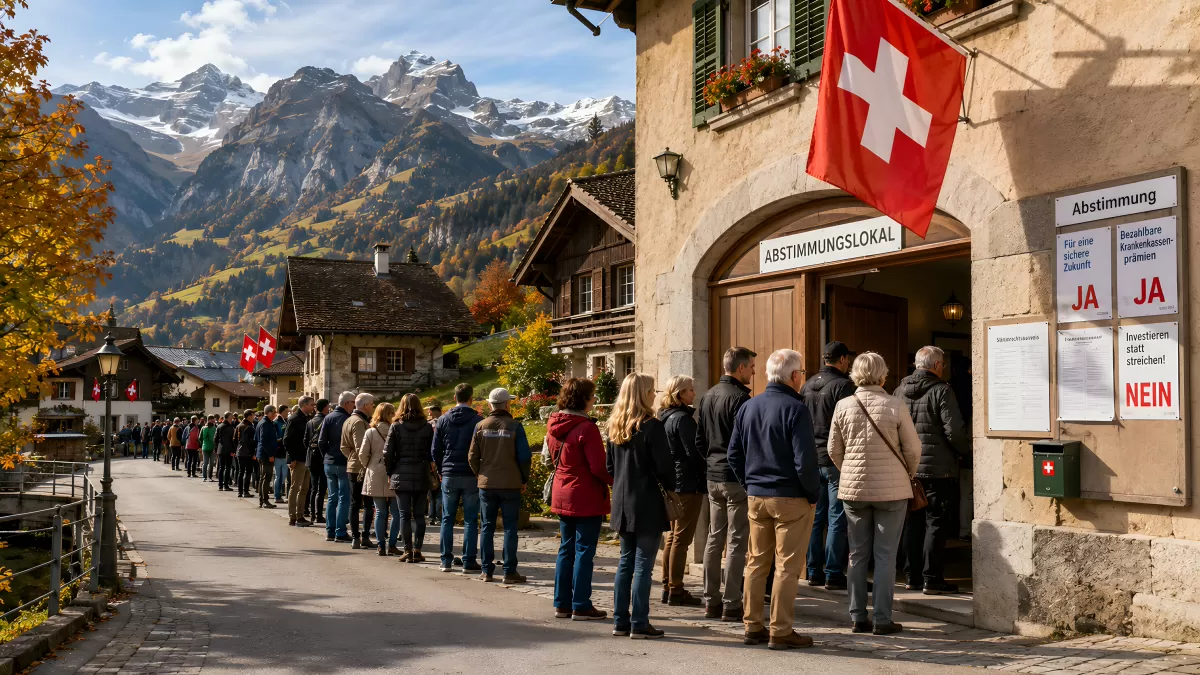 Schweizer Bürger warten vor Abstimmungslokal in den Alpen