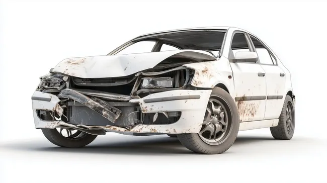 Schwer beschädigtes weißes Auto nach Unfall