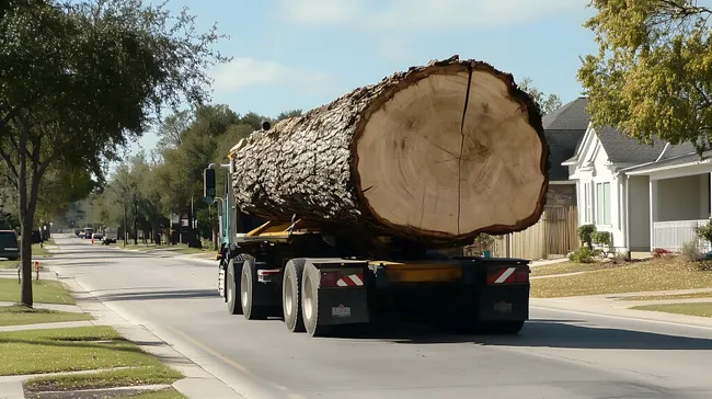 Schweres Holzstamm-Transportfahrzeug auf Wohnstraße