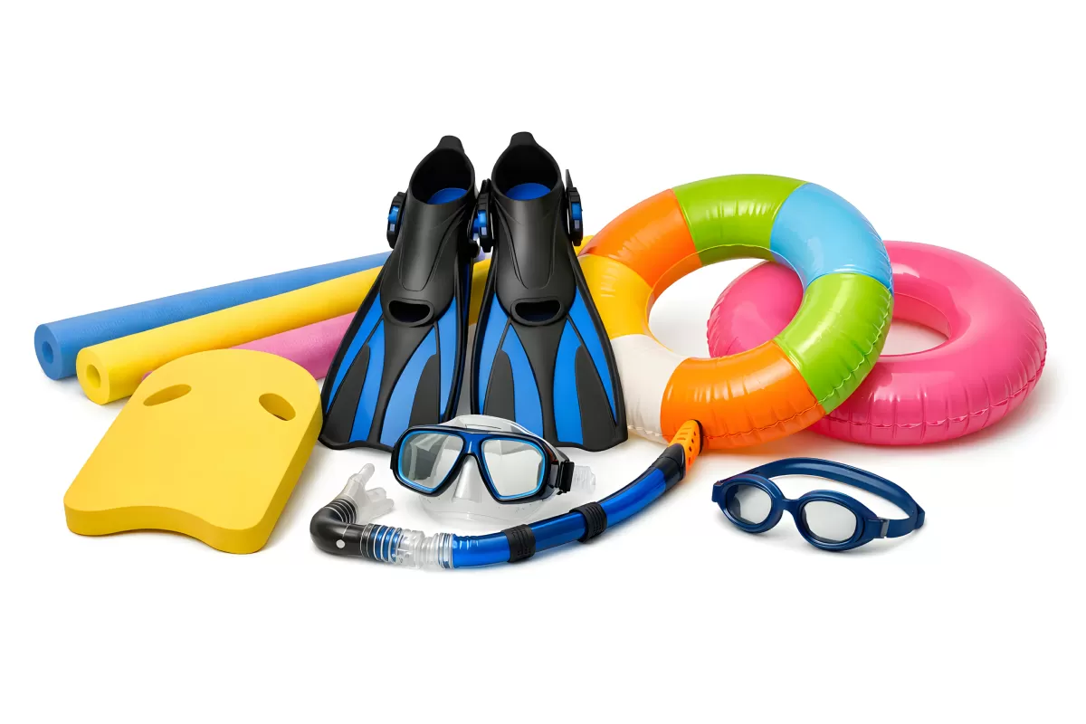 Schwimmausrüstung mit Flossen, Maske und Schwimmring