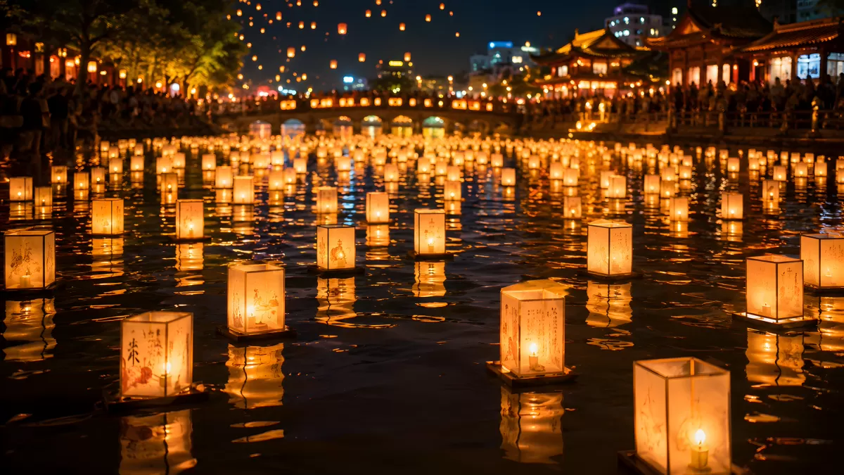 Schwimmende Laternen auf einem Fluss beim Nachtfest
