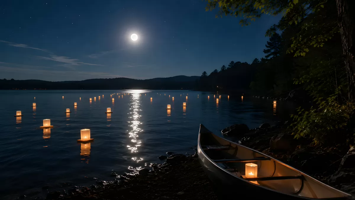 Schwimmende Laternen auf einem See im Mondlicht