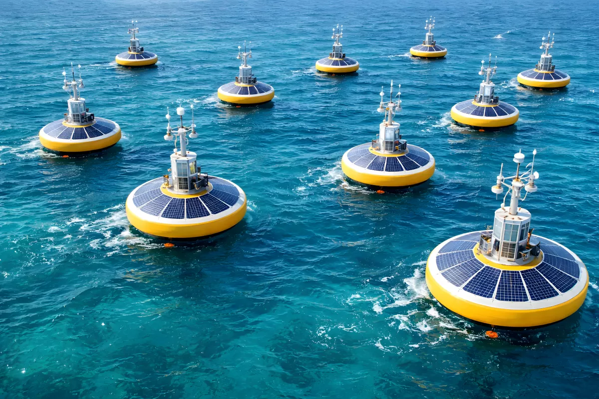 Schwimmende Solarbojen auf blauem Ozean