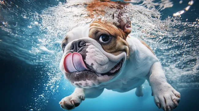 Schwimmender Bulldogge mit herausgestreckter Zunge