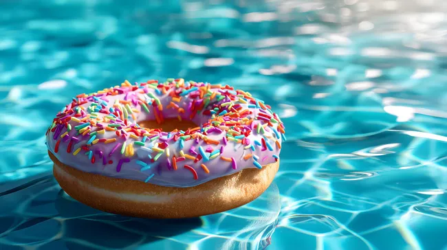 Schwimmender Donut im Schwimmbecken mit Farbsprenkeln