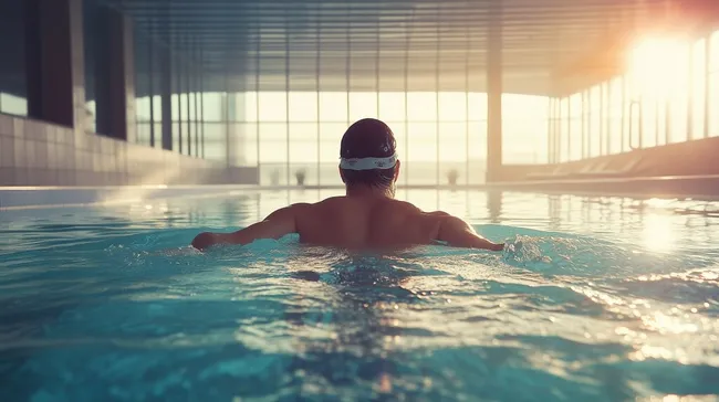 Schwimmer entspannt im Pool bei Sonnenuntergang