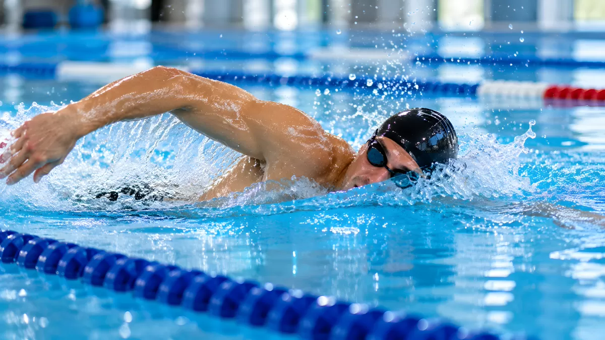 Schwimmer im Hallenbad beim Kraulen in voller Bewegung