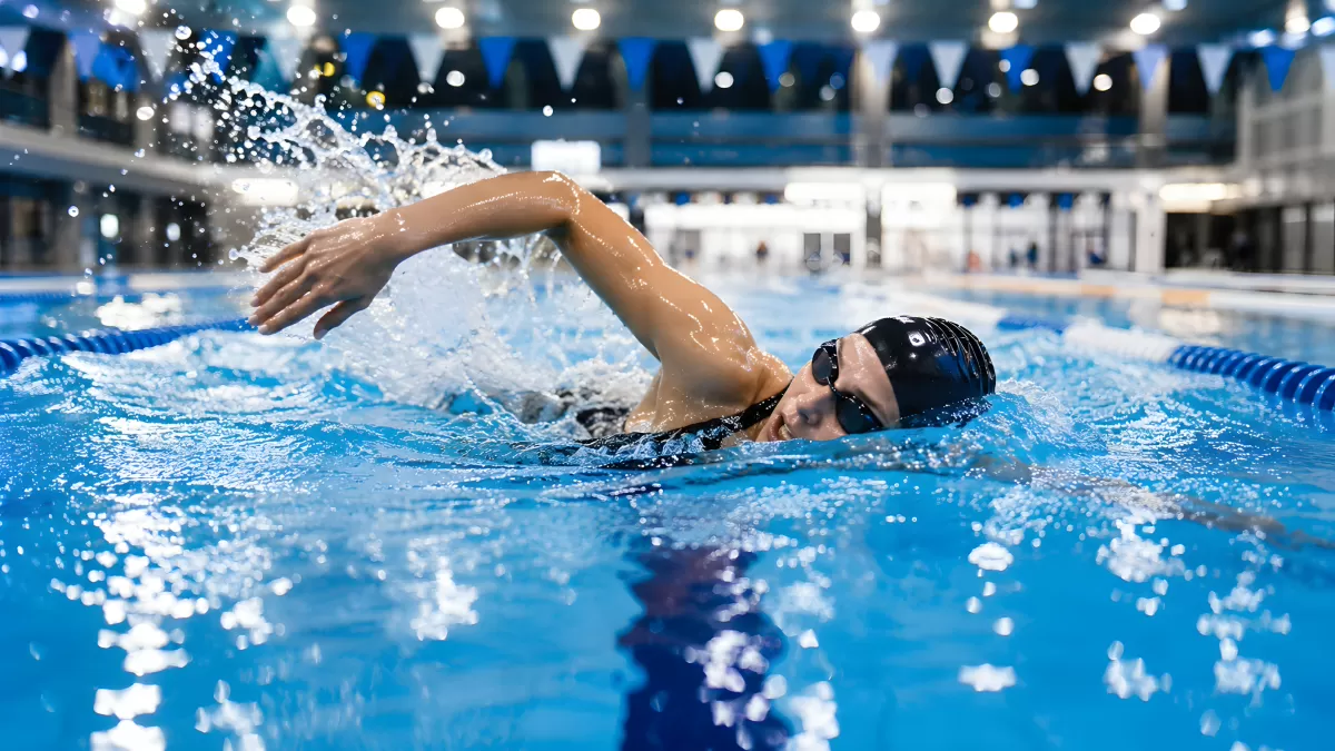 Schwimmerin beim Kraulschwimmen im Hallenbad