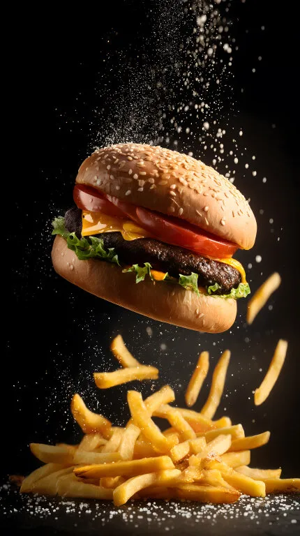 Schwwebender Burger mit Pommes vor dunklem Hintergrund