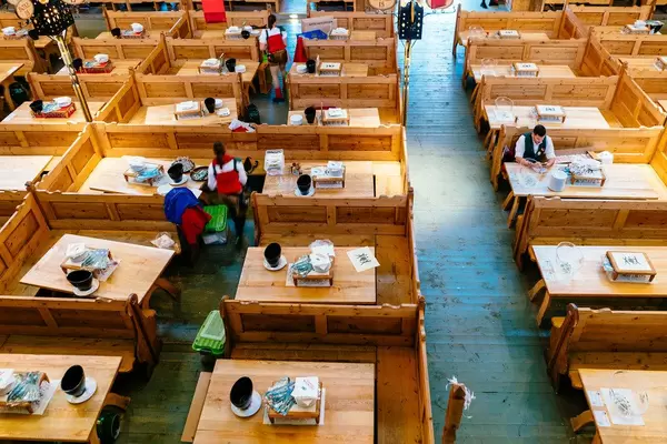 Seating tables inside the main tent at Oktoberfest in Munich